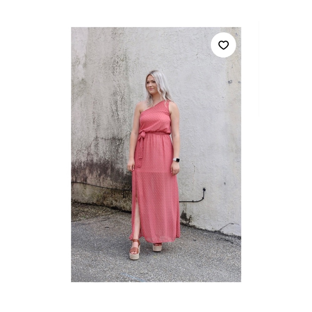 Peach Love California One Shoulder Dusty Rose Swiss Dot Maxi Dress - Picture 1 of 5